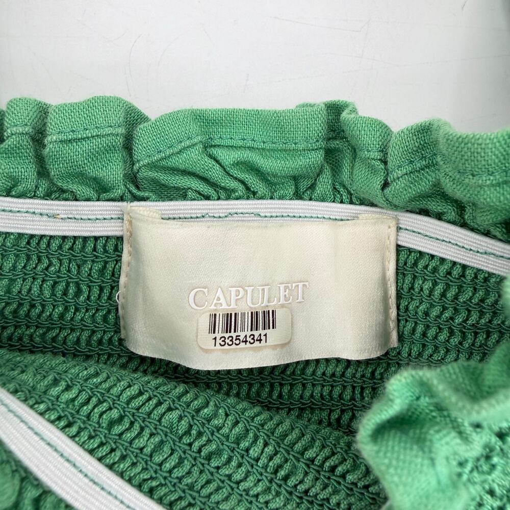 Capulet Gracia Smocked Puffed Sleeve Linen Cotton Green Carnivale Print Crop Top - Picture 11 of 13